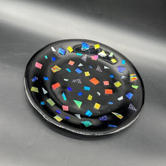Handmade Other - Fused Glass Plate Abstract Mosaic Black Rainbow Handmade Art Decor Dichroic Tray